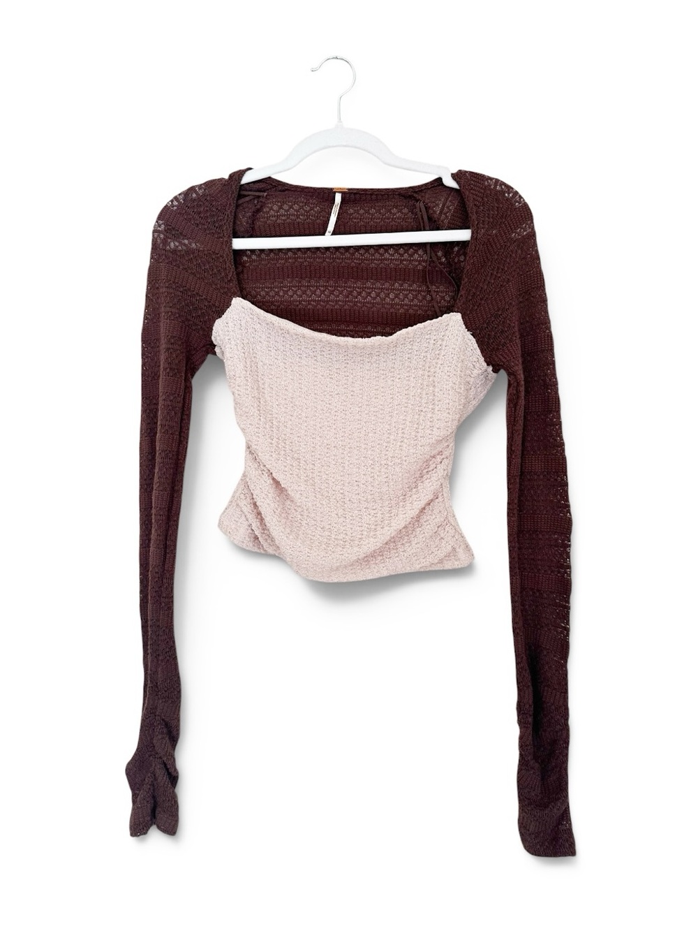 Free People My Party Long Sleeve Layered Shrug Lace Crop Brown Nude Top Size XS